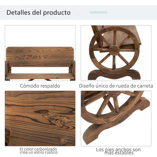 Banco de Exterior de Madera con Reposabrazos y 2 Ruedas Decorativas Estilo Rústico Carga 250 kg 114x58x80 cm Carbonizado [5]