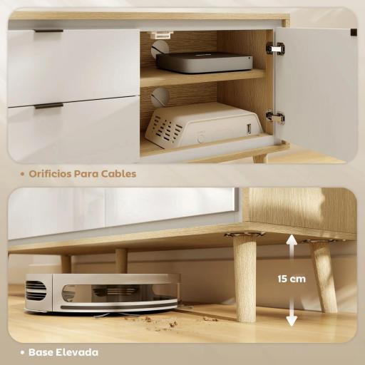 Mueble de TV Moderno de 2 Puertas 2 Cajones Orificios y Estantes Extraíbles 120x35x50 cm Blanco Brillo y Roble [7]