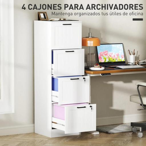 Mueble Archivador con 4 Cajones Cerraduras Carpetas A4 y Carta 40x40x131 cm Blanco [7]