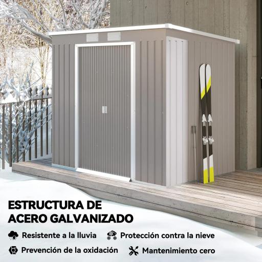 Cobertizo de Jardín Exterior 2,42 m² 213x130x172 cm con Puerta Corredera Techo Inclinado Base y 2 Ventanas Gris Claro [2]