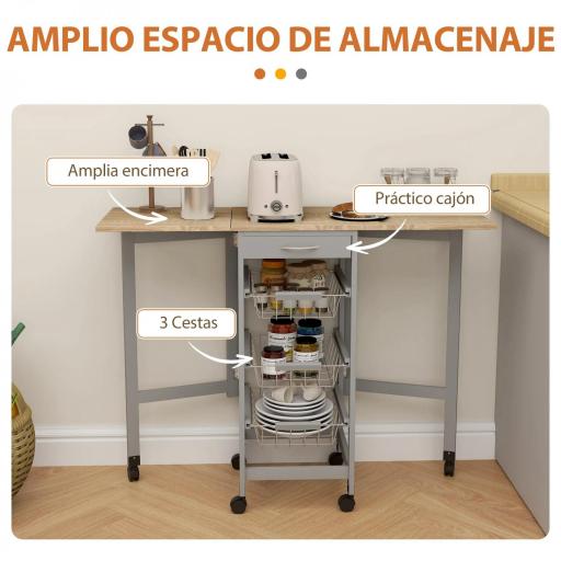 Carrito Auxiliar Plegable Carrito de Cocina con 6 Ruedas 1 Cajón y 3 Cesta de Metal 97,2x37x77,5 cm Gris y Roble [3]
