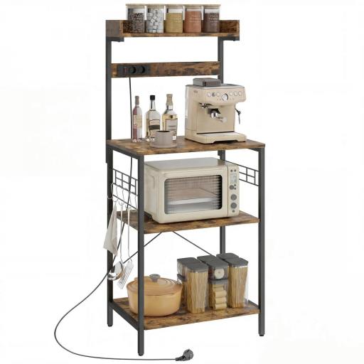 Estantería de Cocina con 2 Tomacorrientes Estante para Microondas Estante Ajustable Ganchos 60x42x137 cm Marrón Rústico [9]