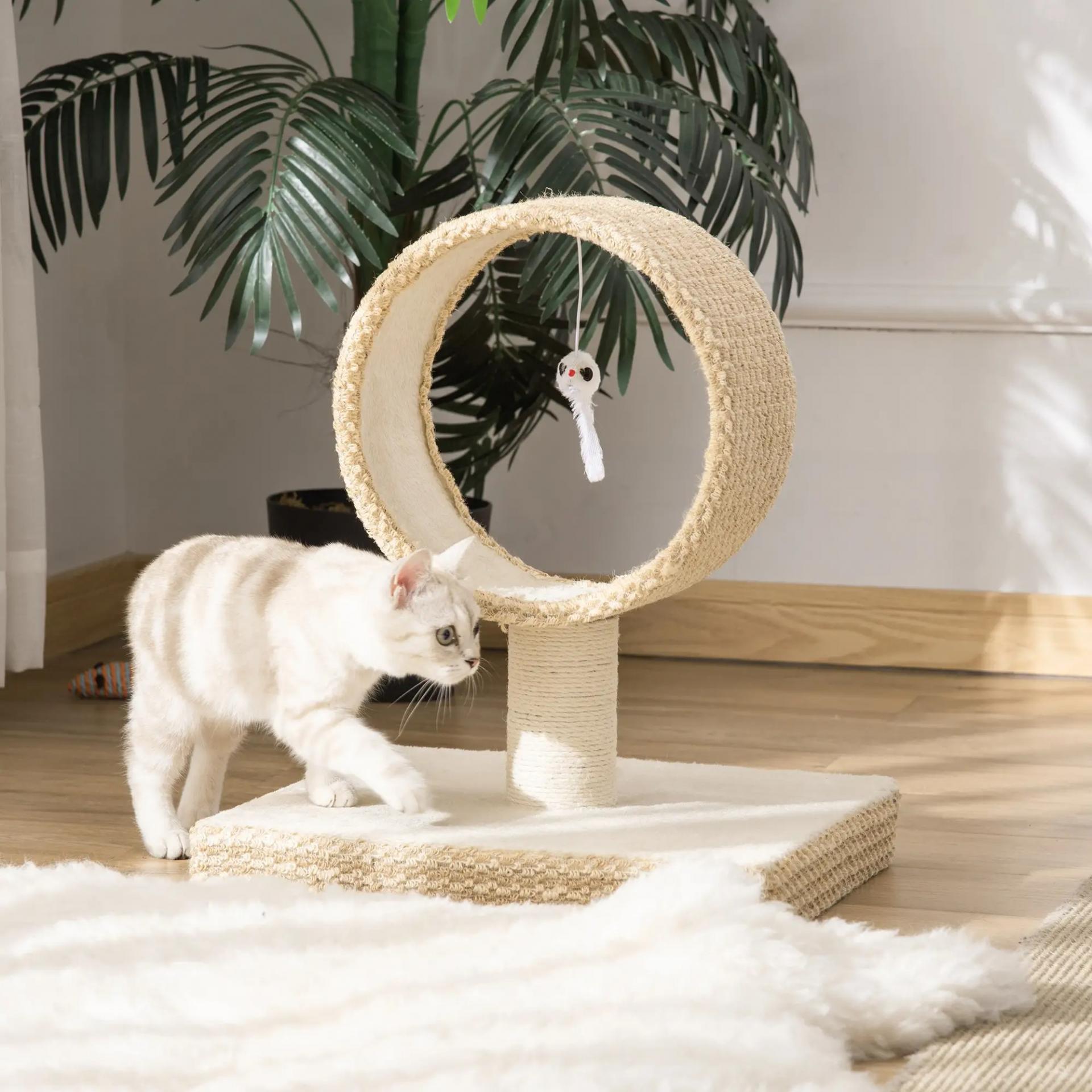 Árbol para Gatos Pequeño 61x41x50 cm Torre de Rascado de Gato con Túnel Superior Poste Rascador de Yute Natural y Juguete de Rata Colgante Beige