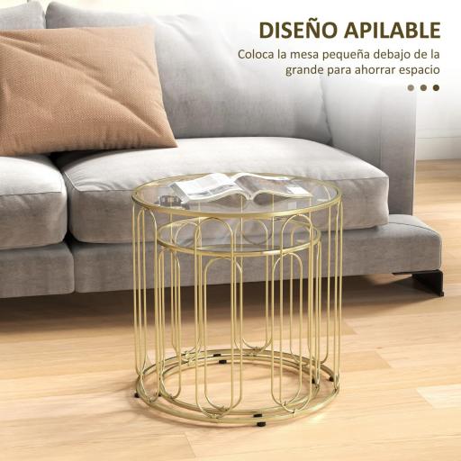 Conjunto de 2 Mesas Auxiliares Tipo Nido con Estructura de Metal y Encimera de Cristal Ø50x50 cm y Ø40x40 cm Dorado [2]