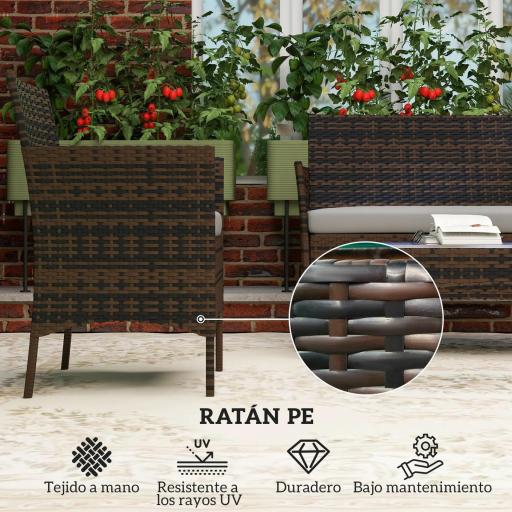 Conjunto Muebles Jardín de Ratán Sintético con Sofá Sillones y Mesa de Vidrio Templado y Cojines Marrón y Gris [5]