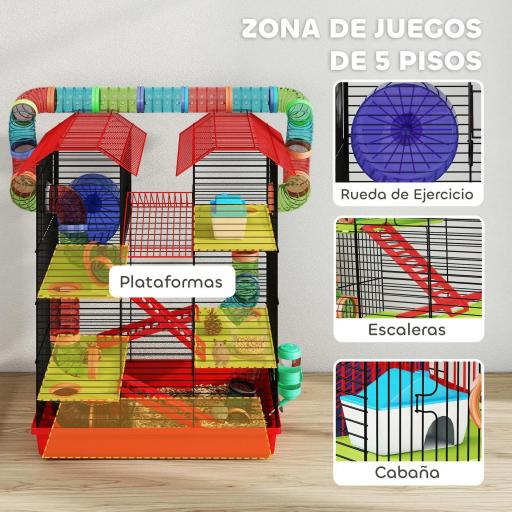 Jaula para Hámster de 5 Niveles 47x30x59 cm con Túnel Comedero Bebedero Casita Rueda de Ejercicio Escaleras Rojo [2]