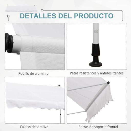 Toldo Manual Retráctil 300x150x170-280 cm con Altura Ajustable Manivela y Protección Solar para Terraza Blanco [4]