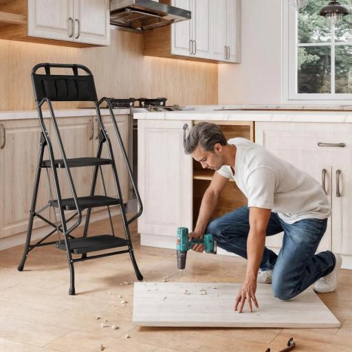 Escalera Plegable de 3 Peldaños con Bolsa de Herramientas Escalera de Tijera con Peldaños Anchos Antideslizantes Negro [5]
