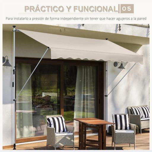 Toldo Manual Retráctil 4x1,2 m, Toldo Exterior Terraza Enrollable, Altura Ajustable 170-280 cm, con Manivela, Anti-UV e Impermeable, Sin Taladro, para Balcón, Jardín, Beige [5]