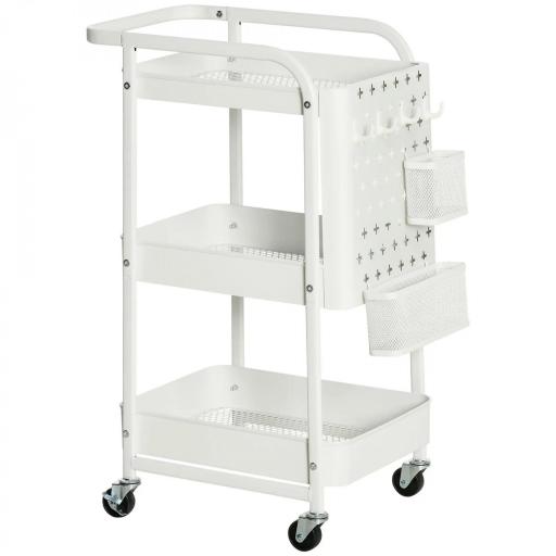 Carrito Auxiliar con Ruedas Carro de Almacenaje Multifuncional con 4 Ganchos y 2 Cestas Colgantes 51,5x32x75,6 cm Blanco [8]