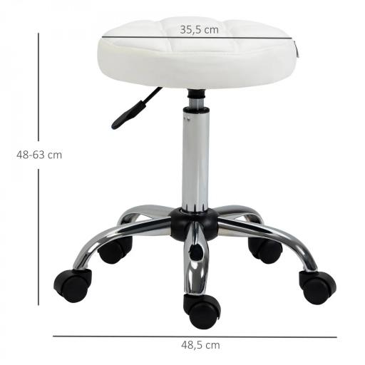 Taburete Giratorio con Ruedas Regulable en Altura de 48-63 cm Taburete de Trabajo Tapizado en Cuero PU para Peluquería Cosmética Dentista Diámetro Ø35,5 cm Blanco [1]