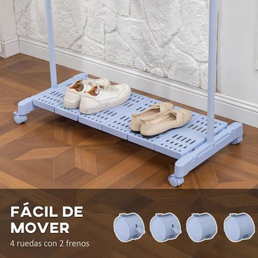 Tendedero Extensible con Ruedas con Barra de Acero Inoxidable y Estante para Zapatos 159x42x168 cm Azul y Plata [5]