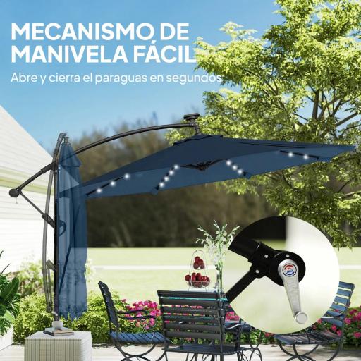Parasol Excéntrico con Luces LED Solares Ø345 cm Sombrilla Jardín de Aluminio con Base Cruzada Manivela Funda Azul [6]