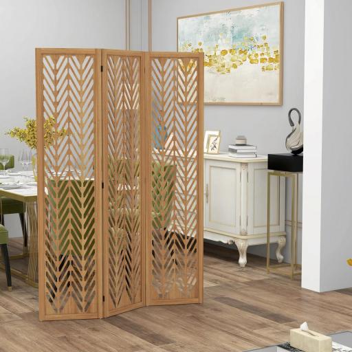 Separador de Ambientes Plegable de 3 Paneles 120x1,7x170 cm Biombo de Madera con Patrones Geométricos Natural [5]