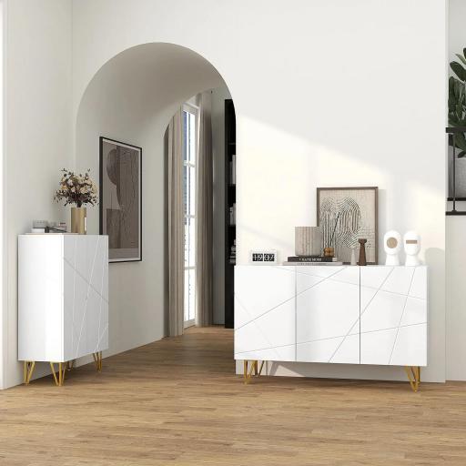 Aparador de Entrada con 3 Puertas y Estantes Ajustables para Cocina Sala 120x40x75 cm Blanco Brillante [7]