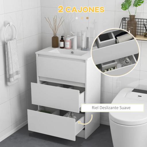 Mueble de Baño con Lavabo Armario de Baño Lavabo de Baño de Cerámica Sintética con 2 Cajones 61x37x88cm Blanco Brillante [2]