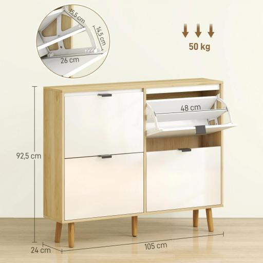 Zapatero Estrecho con 4 Puertas en Blanco Brillo Estantes Ajustables Patas de Madera para 20 Pares de Zapatos [4]