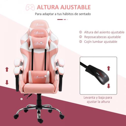 Silla Gaming Silla de Escritorio Reclinable 135° Reposacabezas y Cojín Lumbar 63x67x122-130 cm Rosa [4]