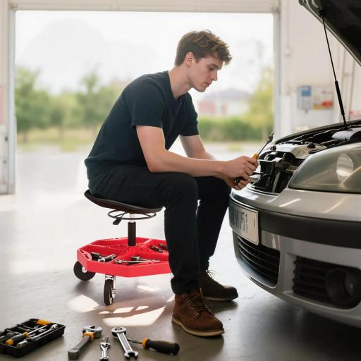 Taburete de Taller Móvil con Bandeja Magnética Ruedas Altura Ajustable de 52–59,5 cm Carga 135 kg para Garaje Rojo