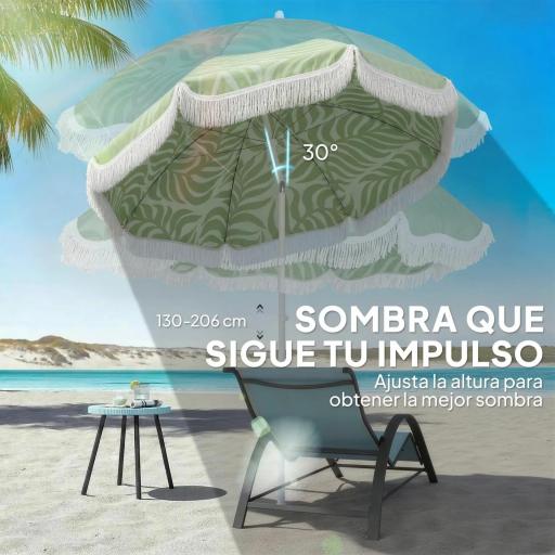 Sombrilla de Playa con Flecos Ø180 cm Altura Ajustable Inclinación Anclaje Arena y Bolsa de Transporte UPF30+ Verde [4]