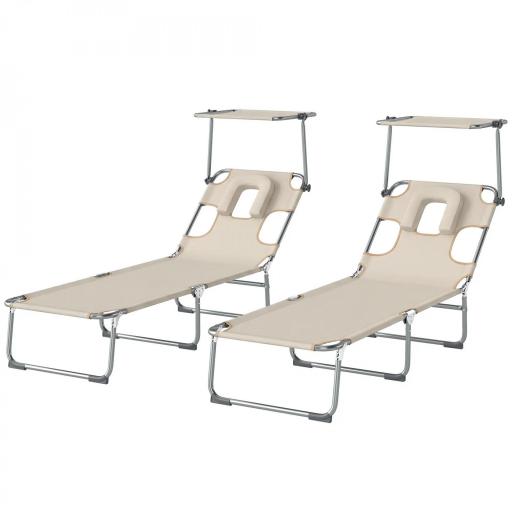 Set de 2 Tumbonas Plegables Reclinables con Dosel 360° Orificio Facial Bolsillo Lateral y Textilene 550 g/m² Beige [10]