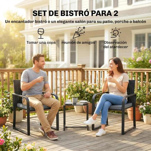 Conjunto de Muebles de Jardín de Ratán Sintético con 2 Sillas con Cojines y Mesa con Tablero de Vidrio Gris [5]