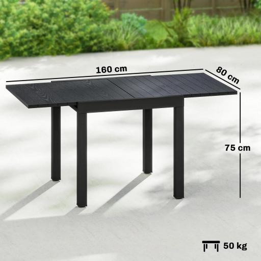 Mesa de Comedor Exterior Extensible 80/160 cm para 4-6 Personas de Aluminio con Tapa de Listones Efecto Madera Negro [1]