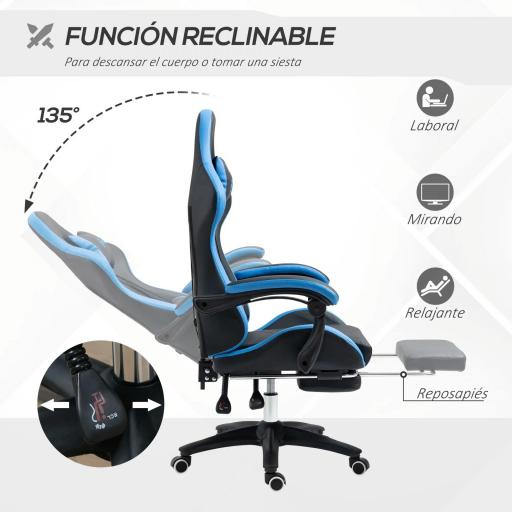 Silla Gaming Silla Gamer de Cuero PU Reclinable 135° Reposacabezas y Reposapiés 65x65x121-129 cm Negro y Azul [4]