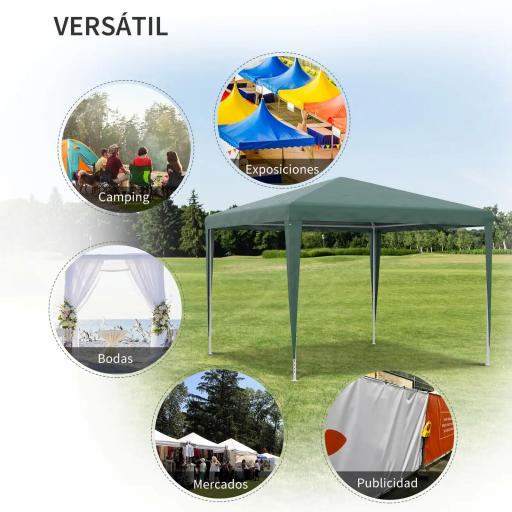 Carpa Desmontable 3x3 m Cenador Pabellón de Jardín con 4 Orificios de Drenaje y Marco de Acero para Terraza Patio Verde [4]