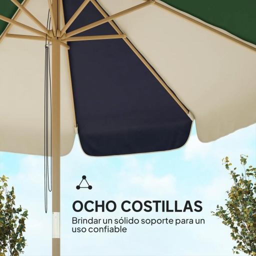 Sombrilla Terraza Exterior Ø2,3 m con Marco de Efecto Madera Polea con Cuerda Dosel Bicolor UPF30+ Verde Oscuro [4]