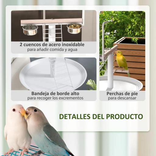 Comedero para Pájaros de Pie Ø60x138 cm con 4 Ruedas 2 Cuenco de Acero Inoxidable y 2 Perchas Blanco [3]