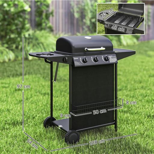 Barbacoa de Gas con 3 Quemadores Quemador Lateral Tapa con Termómetro Parrilla y Mesa Lateral Ruedas 108x54x97 cm Negro [5]