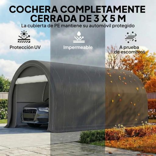 Garaje Exterior para Coche 3x5 m Impermeable con Tejido PE Resistente Marco de Acero Galvanizado UPF30+ Gris [4]