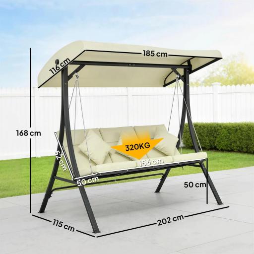 Balancín de Jardín Exterior Columpio de 3 Plazas con Toldo Ajustable y Marco de Acero 202x115x168 cm Beige [1]