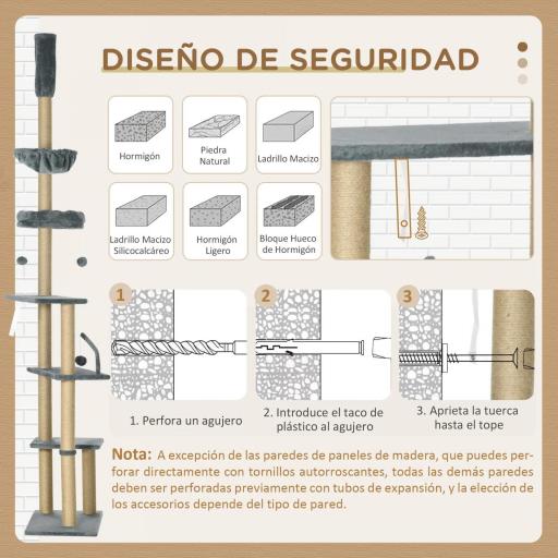 Árbol para Gatos de Suelo a Techo de 230-250 cm con Altura Ajustable Múltiples Plataformas Cestos Hamaca Bolas Gris [5]