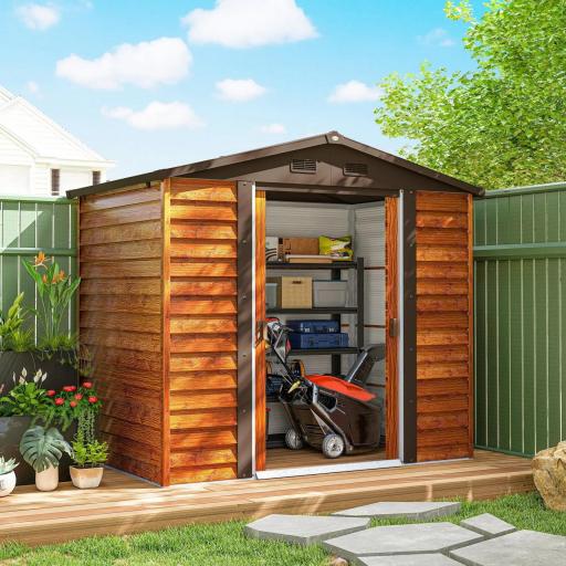 Caseta de Jardín Exterior 3 m² 235,7x152x208,7 cm con 2 Puertas Corredizas y 4 Ventanas Natural y Café