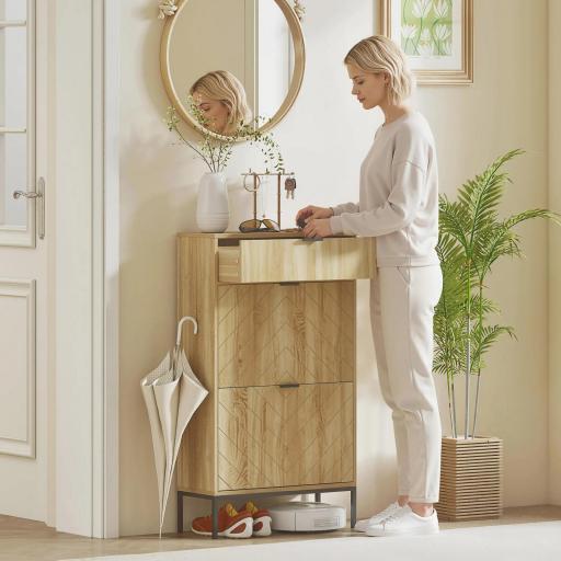 Zapatero Estrecho con 2 Puertas Cajón y Estantes Ajustables para 8 Pares de Zapatos 60x24x105,5 cm Roble [6]