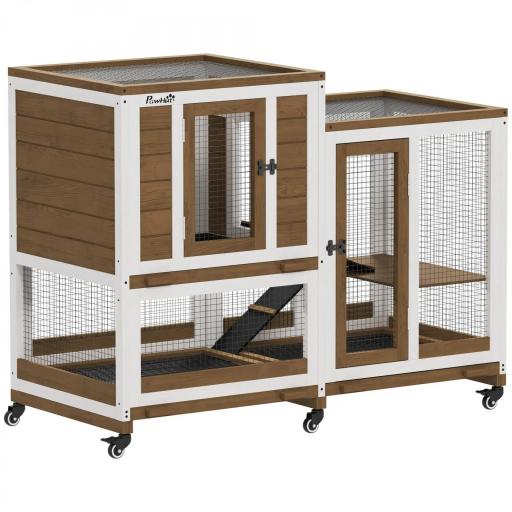 Conejera de Madera de 2 Niveles Jaula para Conejos con Ruedas Escaleras y Bandejas Extraíbles 110x50x86 cm Marrón [9]