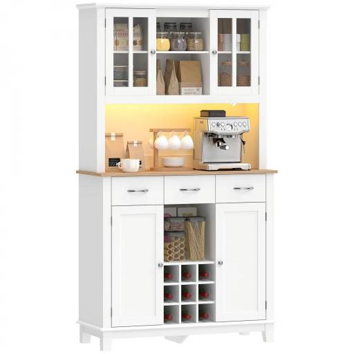 Alacena de Cocina con Iluminación LED Control por APP Encimera para Microondas Botellero Puertas de Vidrio Blanco [8]
