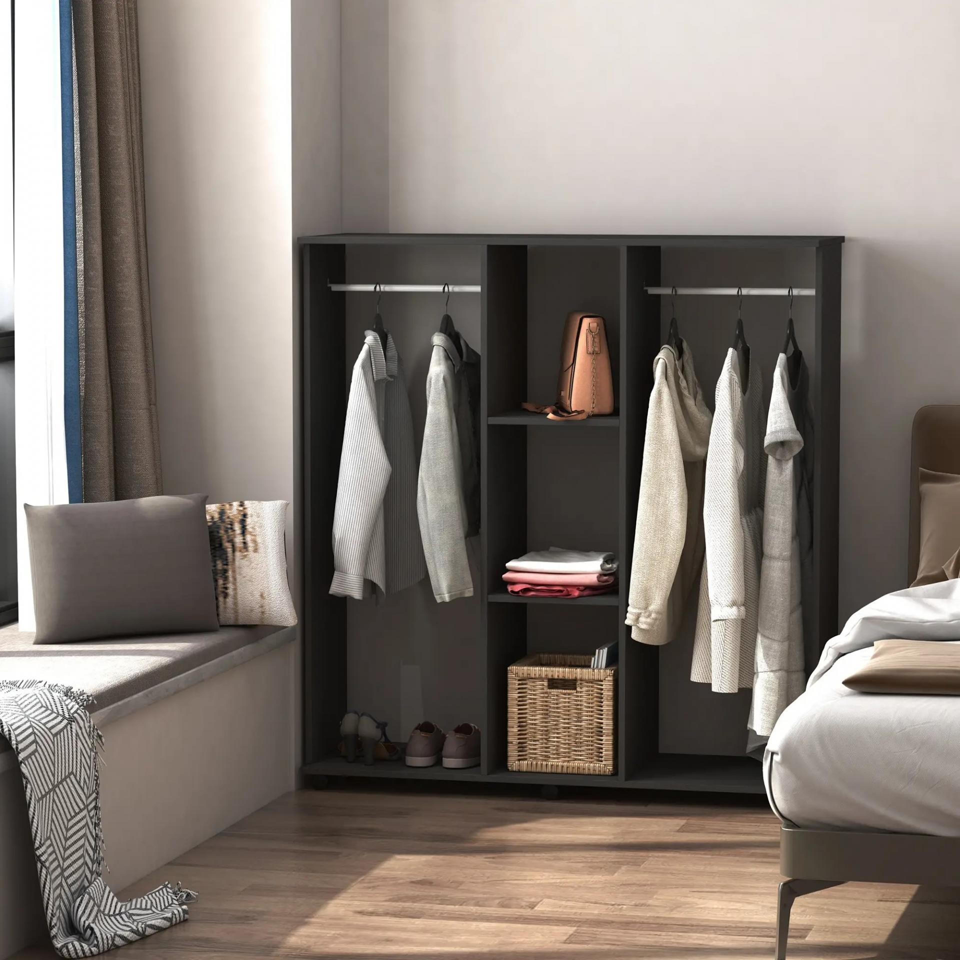 Armario Abierto con Ruedas 2 Barras y Estantes para tener Ropa Colgada y Doblada en el Dormitorio 120x40x128 cm Negro