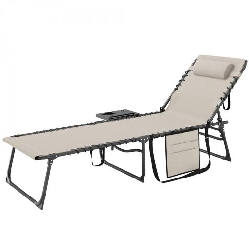 Tumbona Plegable con Respaldo Ajustable Reposacabezas Bolsillo Lateral Bandeja y Estructura de Acero 190x60x31 cm Crema [10]