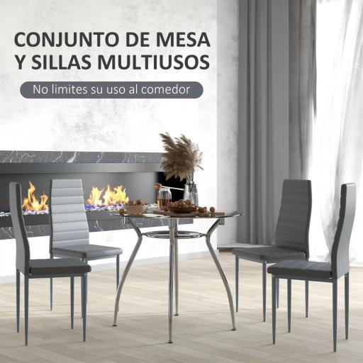 Juego Mesa de Comedor y 4 Sillas Conjunto de Muebles de 5 Piezas Mesa Redonda Ø90x75 cm y 4 Sillas 42x52x96 cm Gris [4]