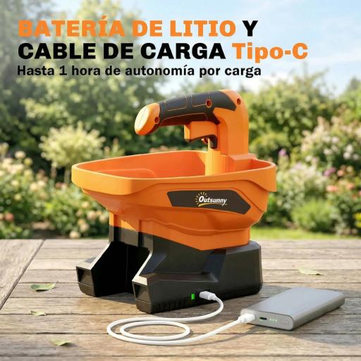 Esparcidor Portátil 3,3 L 8 Niveles de Flujo Ancho Dispersión Ajustable Puerto USB para Césped Sal hasta 800 m² Naranja [2]