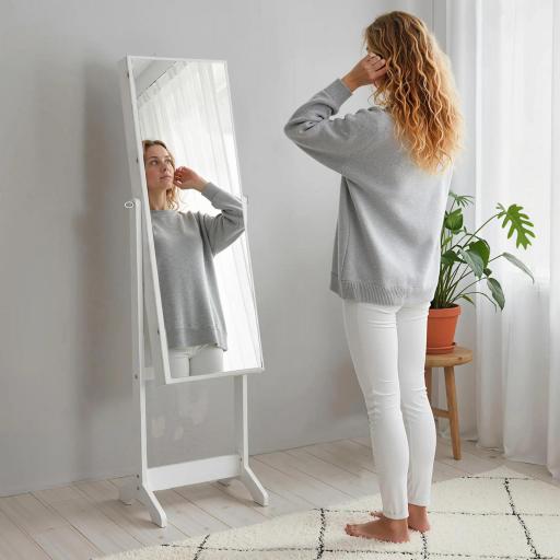 Espejo Joyero de Pie con Ángulo Ajustable y Ranuras para Pendientes Anillos y Collares 46x36,5x151,5 cm Blanco [3]