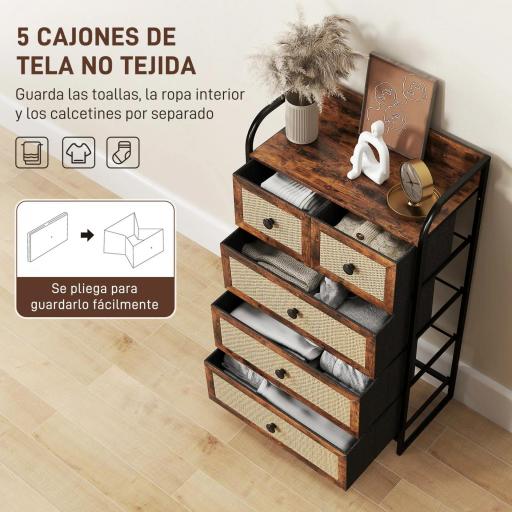 Cómoda para Dormitorio con 5 Cajones con Frentes de Ratán y Marco de Acero 58x29x99 cm Marrón Rústico [2]
