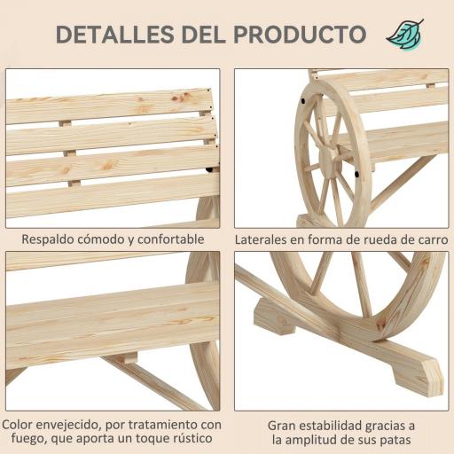 Banco de Jardín de Madera con Reposabrazos en Forma de Rueda para 2 Personas 105,5x56x79 cm Madera Natural [4]