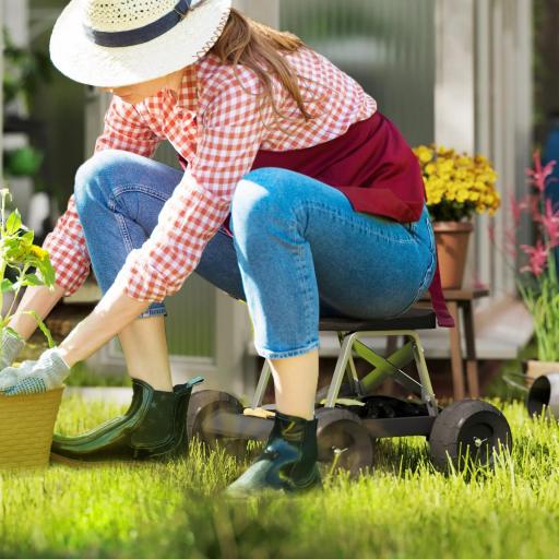 Asiento de Jardín con Ruedas Taburete de Jardinería con Bandeja de Herramientas Carga 130 kg 50x49x32 cm Negro