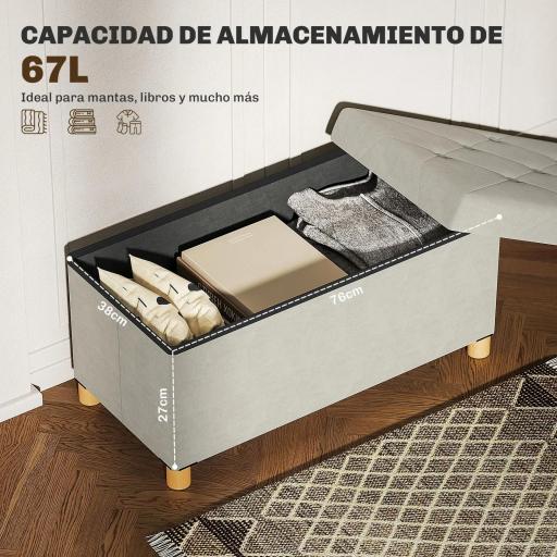Banco Almacenaje Capacidad de 67 L 76x38x38 cm Tapizado en Terciopelo Carga 120 kg para Sala de Estar Dormitorio Crema [2]
