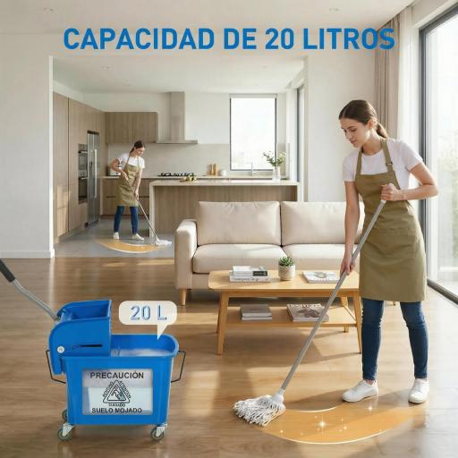 Cubo de Fregar con Escurridor Panel Separador y Ruedas Capacidad 20L para Limpieza Doméstica 45x26,5x70 cm Azul [2]