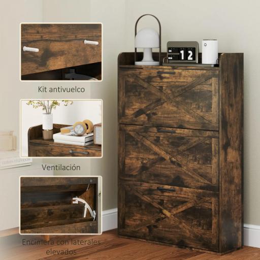 Zapatero Estrecho de 3 Cajones Abatibles para 24 Pares Diseño Rústico con Puertas de Granero 80x24x118 cm Marrón [5]